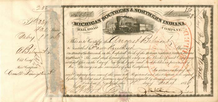 August Belmont - 1856 dated Michigan Southern and Northern Indiana Railroad Co. Stock Certificate